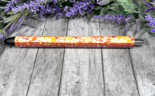 Handmade Fall Flowers on orange glitter pen with free refill