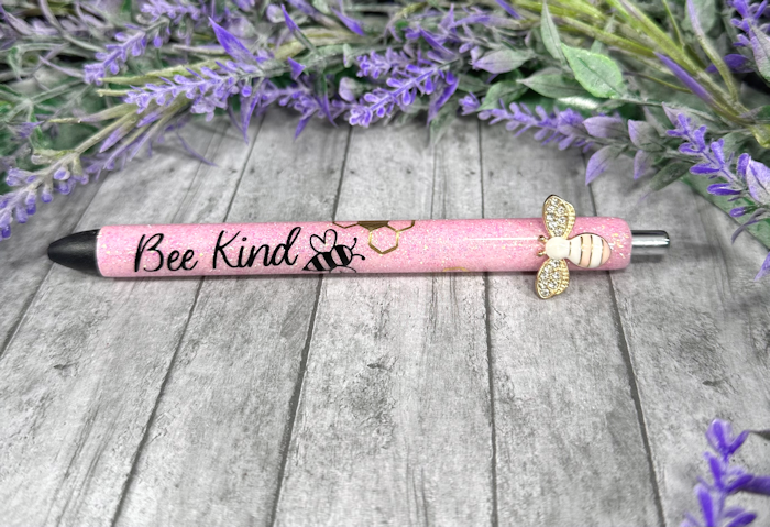 Handmade Bee Kind on pink glitter pen with free refill