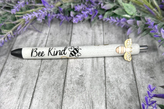Handmade Bee Kind  pink bee glitter pen with free refill