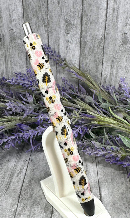 Wrapped Handmade Pink and Yellow bees glitter pen with free refill