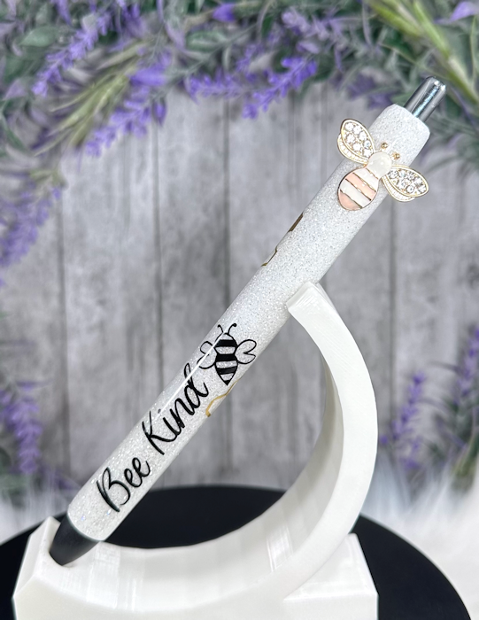 Handmade Bee Kind  pink bee glitter pen with free refill