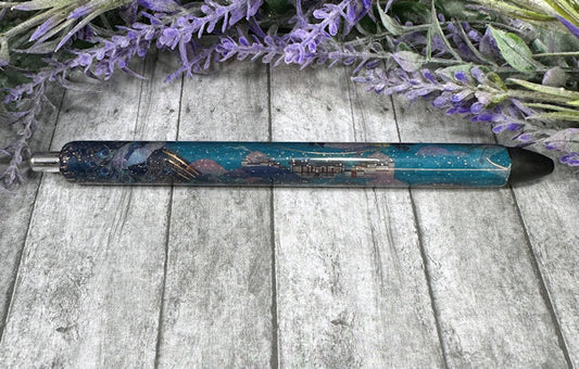 Handmade Blue and Rose Gold City Scene Washi Tape glitter pen with free refill