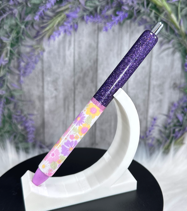 Handmade Purple and Flowers glitter pen with free refill