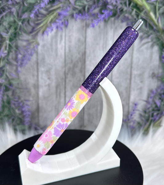 Handmade Purple and Flowers glitter pen with free refill