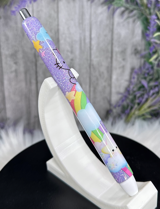 Handmade Hello Kitty Rainbow on purple glitter pen with free refill