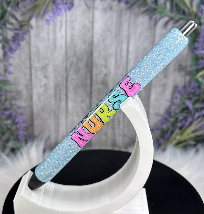Handmade Nurse on blue glitter pen with free refill