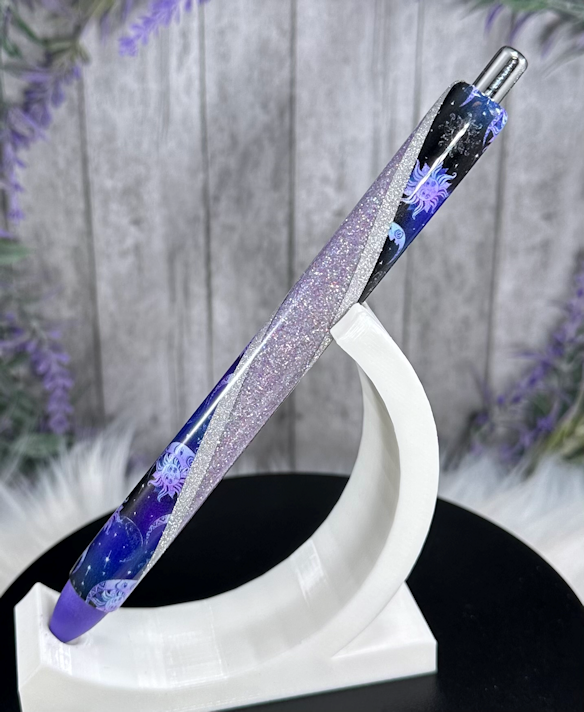 Handmade Moons and Stars  on purple glitter pen with free refill
