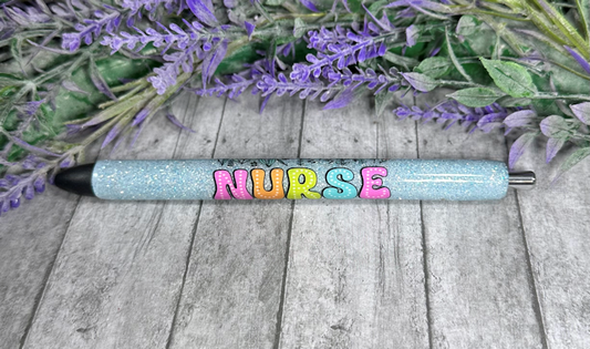 Handmade Nurse on blue glitter pen with free refill