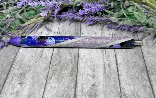 Handmade Moons and Stars  on purple glitter pen with free refill