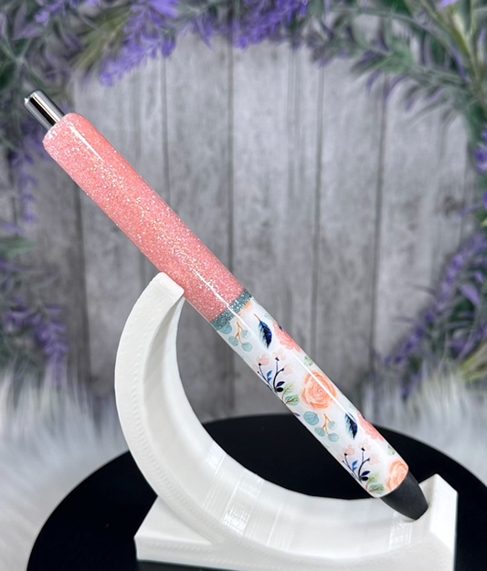 Handmade Peach and mint green flowers ombre glitter pen with free refill