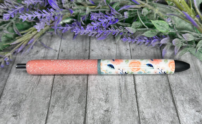 Handmade Peach and mint green flowers ombre glitter pen with free refill