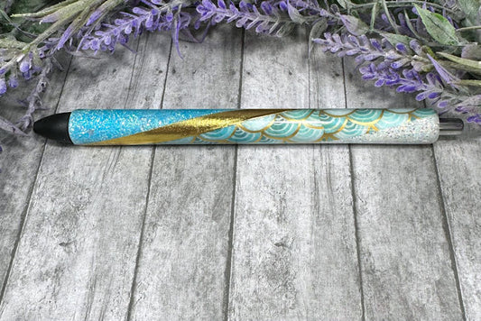 Handmade Aqua and Gold Mermaid print Washi Tape pen with free refill