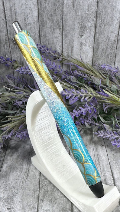 Handmade Aqua and Gold Mermaid print Washi Tape pen with free refill