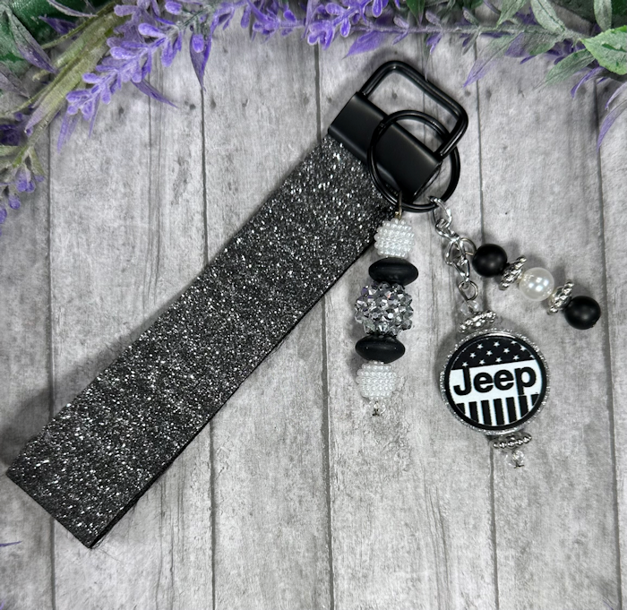 Handmade Jeep Silver Faux Leather Key Fob Wristlet