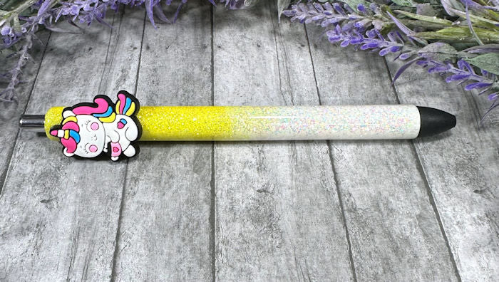 Handmade Yellow and White Baby Unicorn glitter pen  with free refill