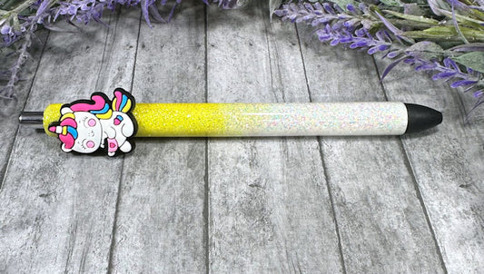 Handmade Yellow and White Baby Unicorn glitter pen  with free refill