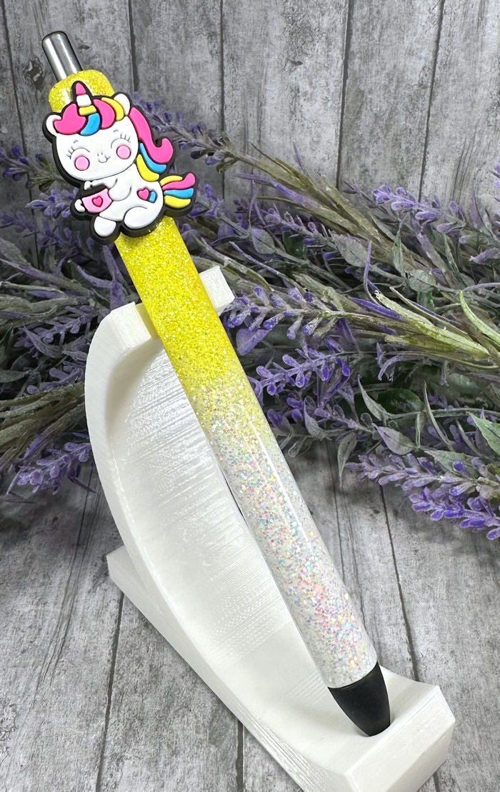 Handmade Yellow and White Baby Unicorn glitter pen  with free refill