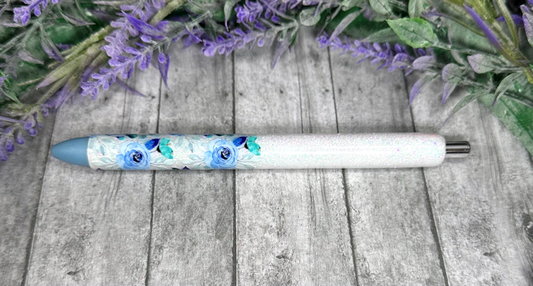 Handmade Light Blue Flowers ombre glitter pen with free refill