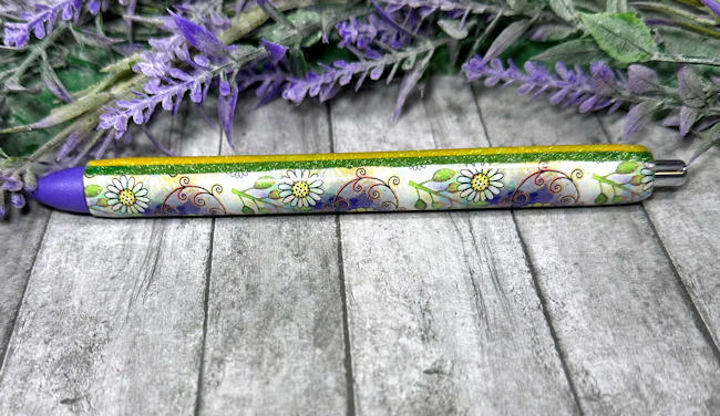 Handmade Retro Flowers on yellow glitter pen with free refill