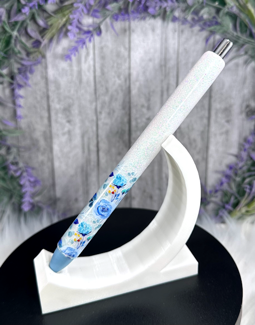 Handmade Light Blue Flowers ombre glitter pen with free refill