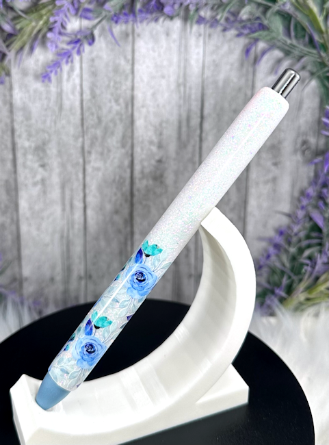Handmade Light Blue Flowers ombre glitter pen with free refill