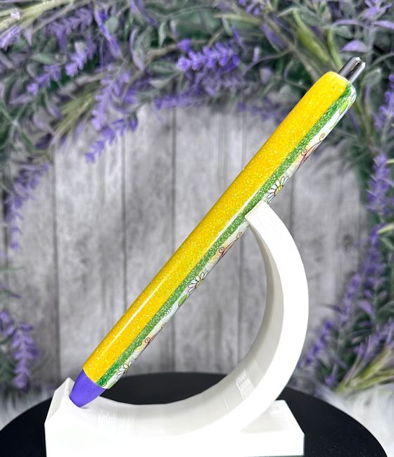 Handmade Retro Flowers on yellow glitter pen with free refill