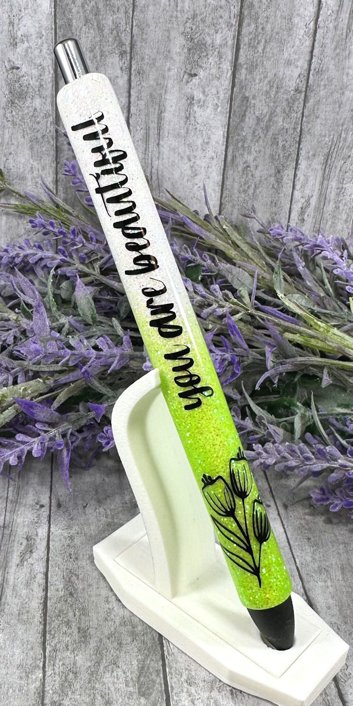 Handmade You Are beautiful bright green ombre glitter pen with free refill