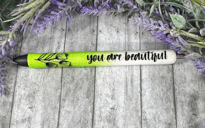 Handmade You Are beautiful bright green ombre glitter pen with free refill