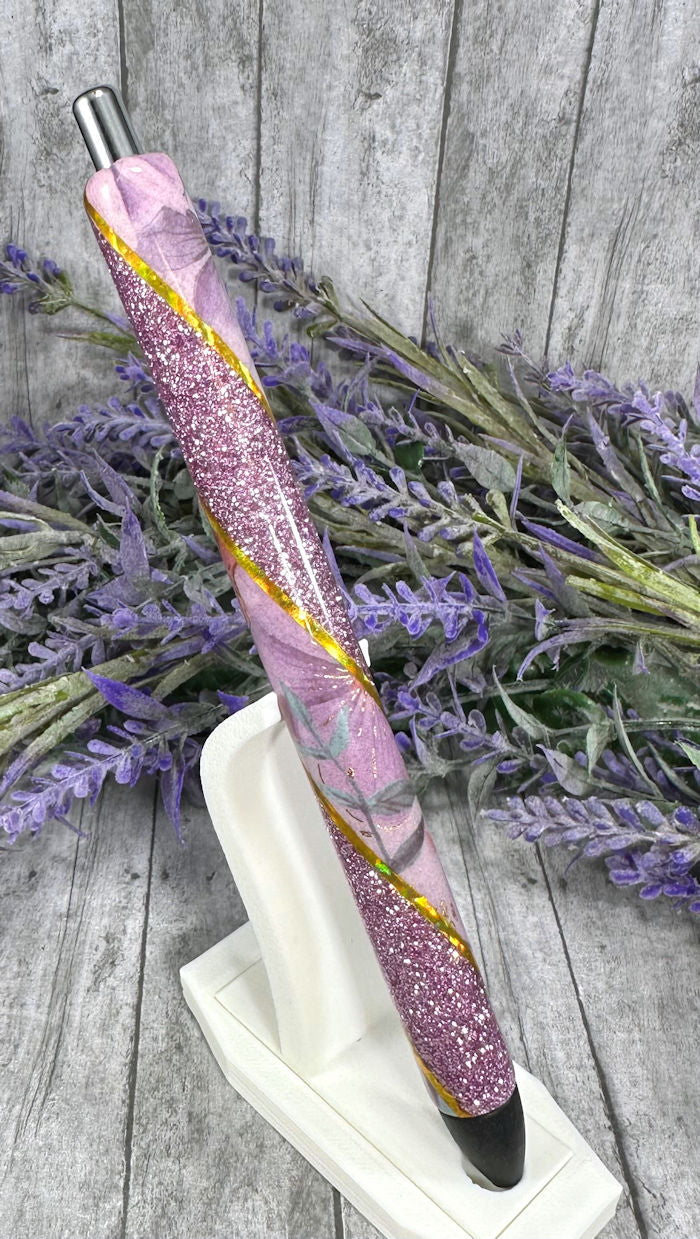 Handmade Gold and Lavender flowers Washi Tape glitter pen with free refill