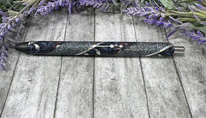 Handmade Midnight Blue and Silver flowers  Washi Tape glitter pen with free refill