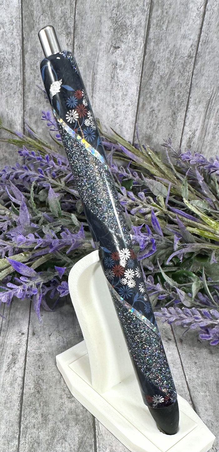 Handmade Midnight Blue and Silver flowers  Washi Tape glitter pen with free refill