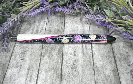 Handmade Black and Purple flowers glitter pen  with free refill