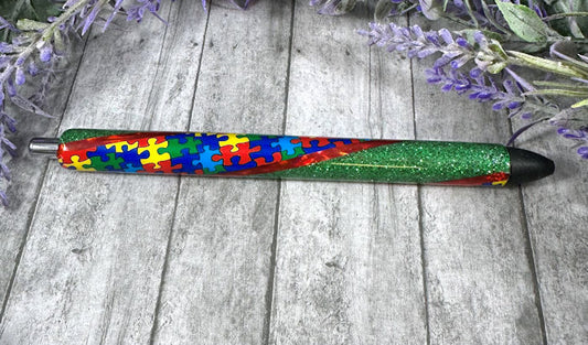 Handmade Autism Awareness Washi Tape on green glitter pen with free refill