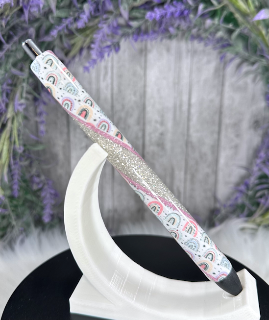 Handmade Rainbows on silver  glitter pen with free refill