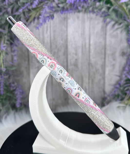 Handmade Rainbows on silver  glitter pen with free refill