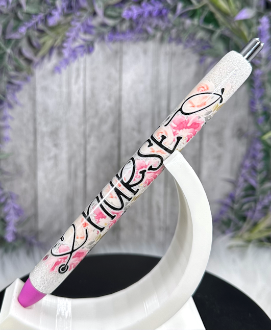Handmade Nurse pink flowers  glitter pen with free refill