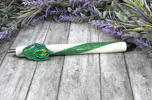 Handmade Aqua and Green peacock feather  glitter pen with free refill