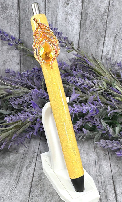 Handmade Yellow peacock feather  glitter pen with free refill