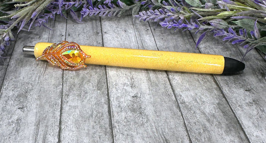 Handmade Yellow peacock feather  glitter pen with free refill