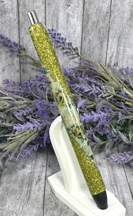 Handmade Green snd Blue Flowers  washi tape glitter pen with free refill