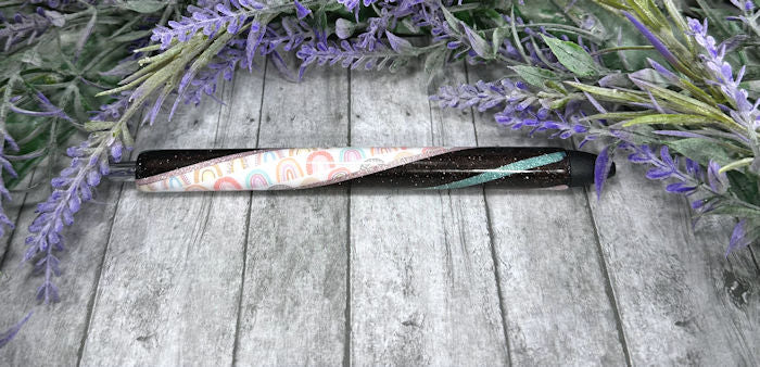 Handmade Boho Rainbows on dark brown glitter  Washi Tape pen with free refill