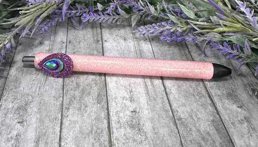 Handmade pink peacock heart glitter pen with free refill