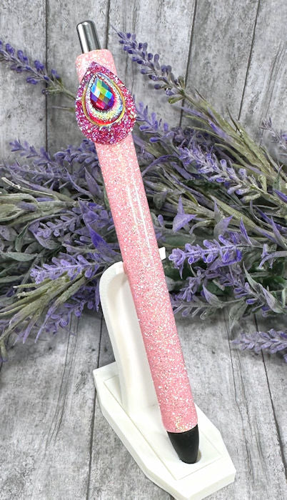 Handmade pink peacock heart glitter pen with free refill