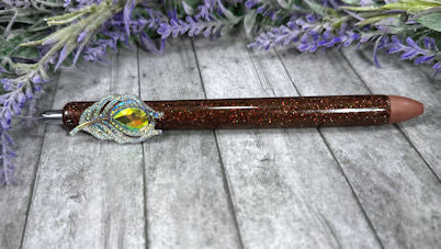 Handmade Brown and Gold peacock feather  glitter pen with free refill