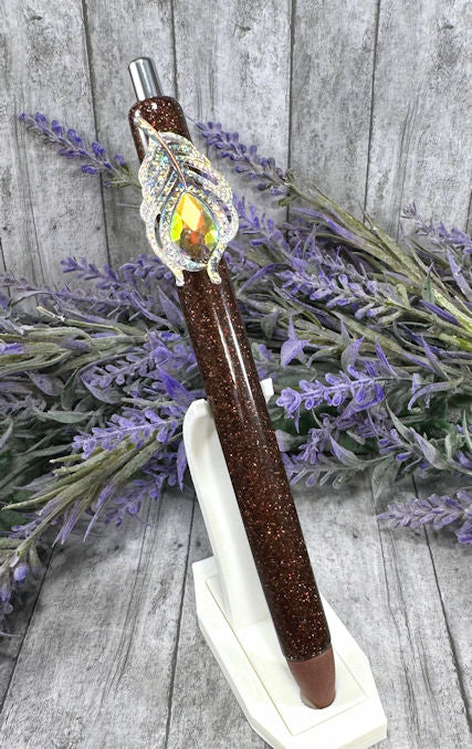 Handmade Brown and Gold peacock feather  glitter pen with free refill