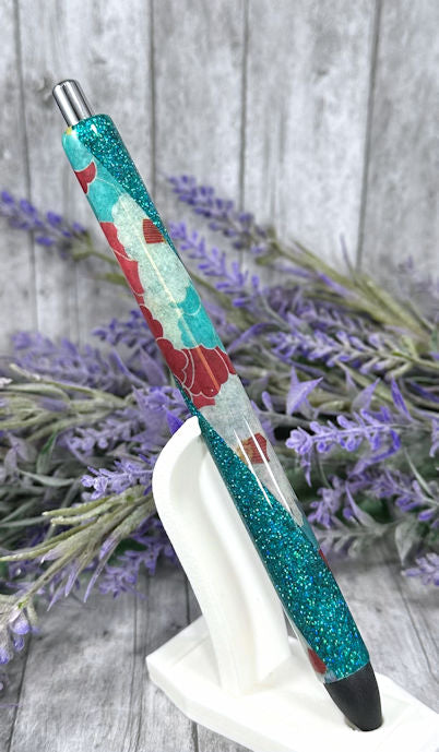 Handmade Aqua blue and red flowers glitter pen with free refill