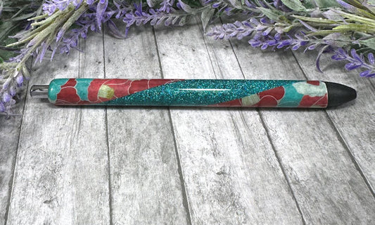 Handmade Aqua blue and red flowers glitter pen with free refill