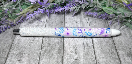Handmade Purple and Blue Flowers glitter pen with free refill