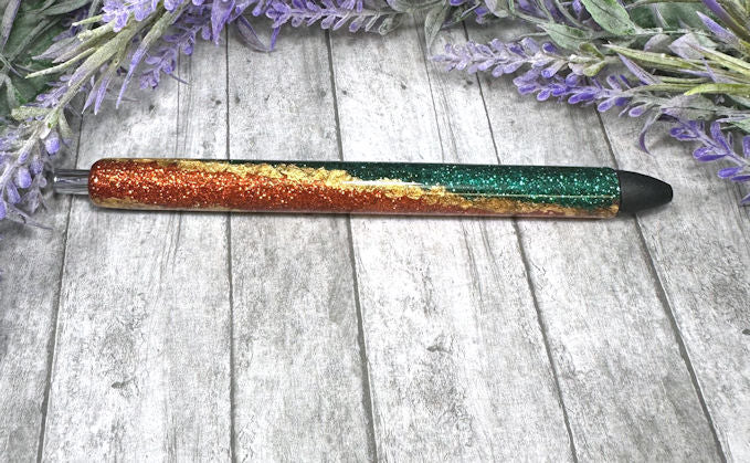 Handmade Burnt Orange and Green with gold foil glitter pen with free refill