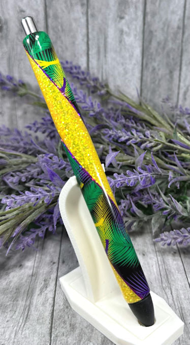 Handmade Mardi Gras Feathers  Washi Tape on Yellow glitter pen with free refill